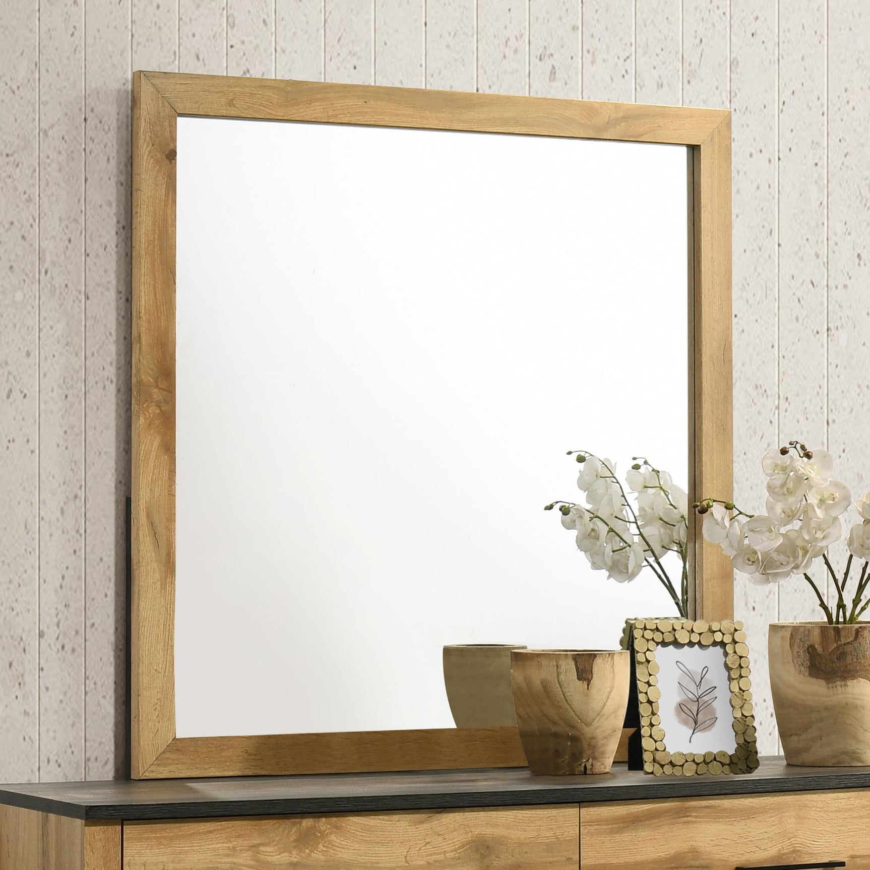 Kaywood Dresser Mirror side angle showing textured wood grain
