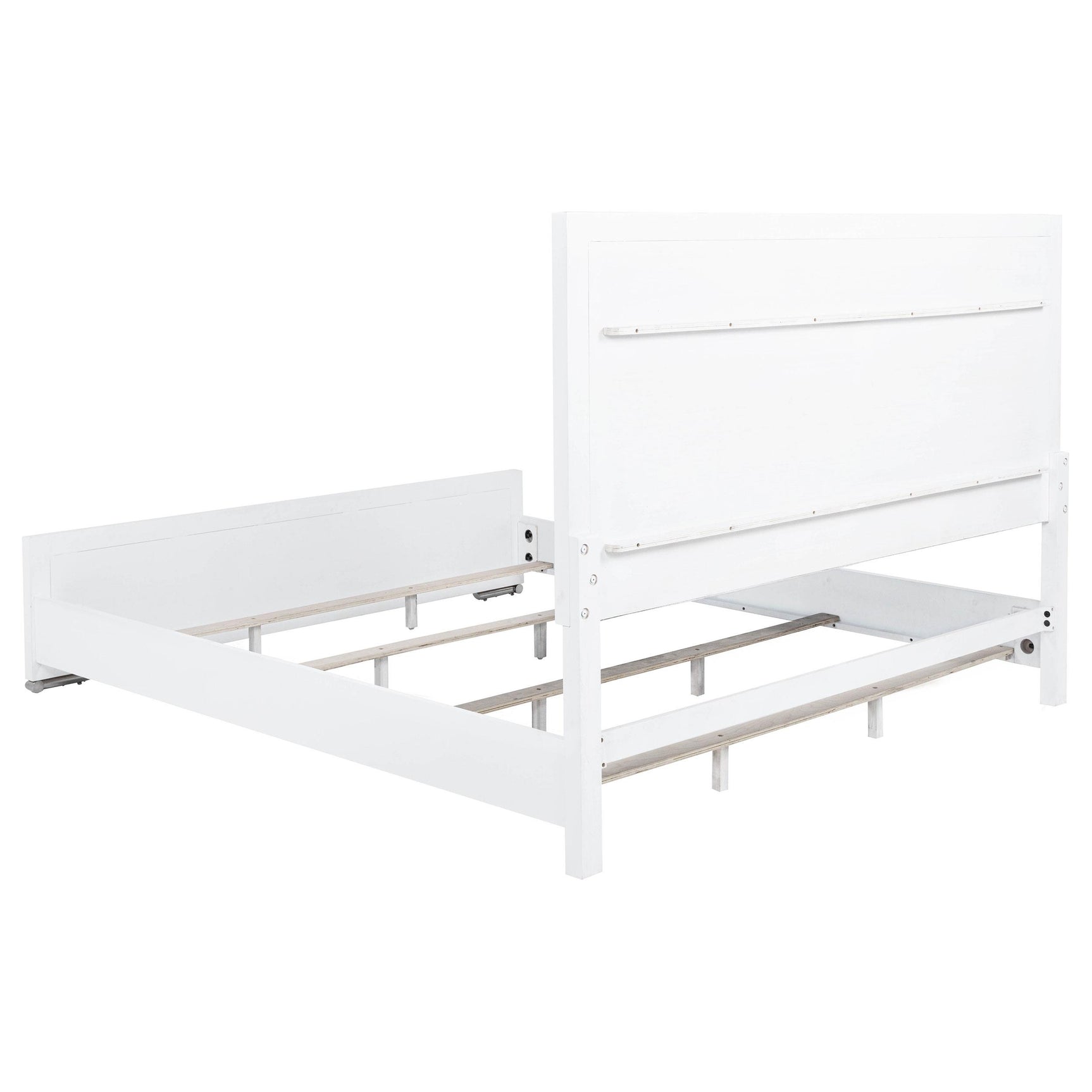 Detail of metal legs with brushed nickel finish supporting panel bed