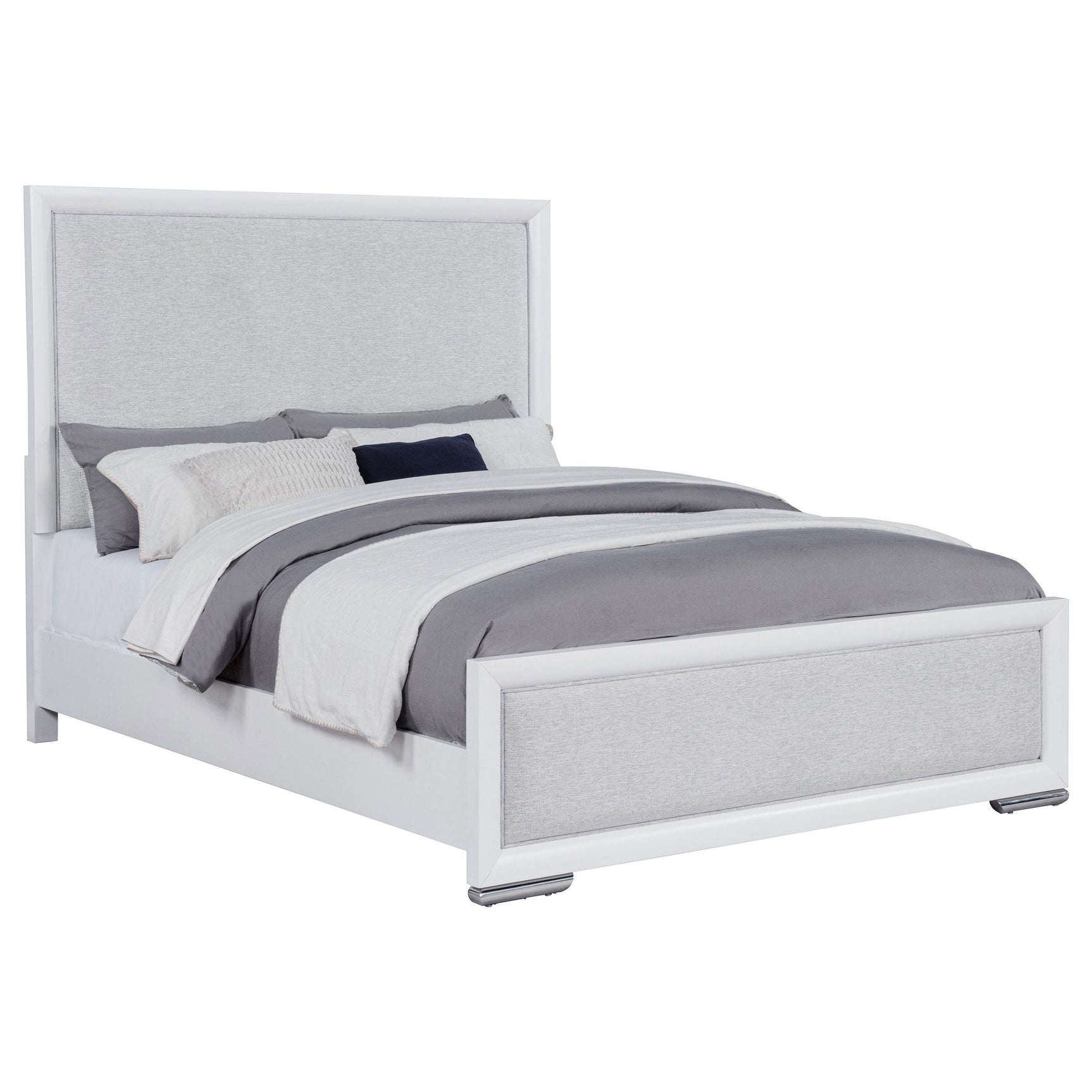 Gracemont queen panel bed footboard with white frame and brushed nickel feet