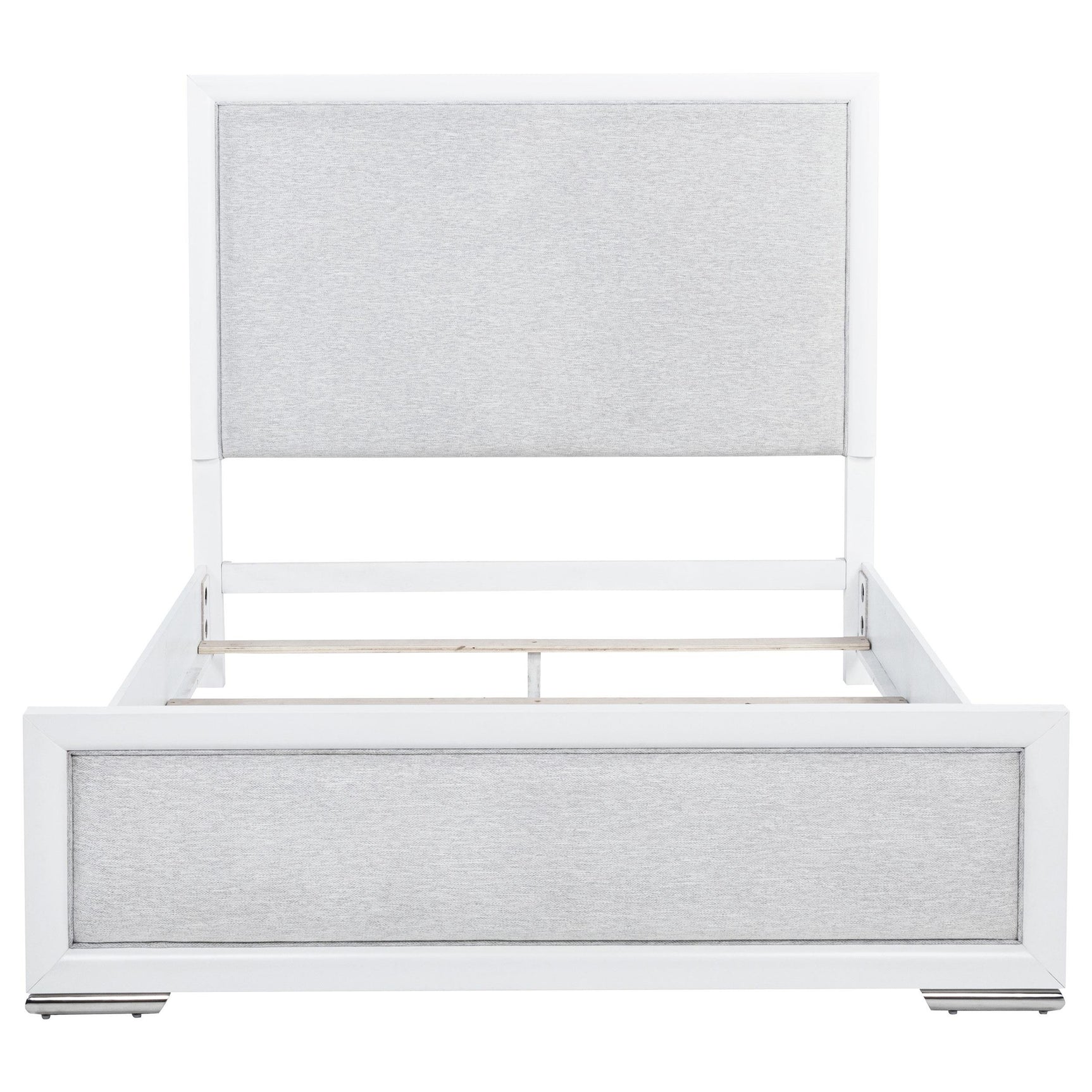 Gracemont queen bed side angle showing fabric upholstery and metal legs