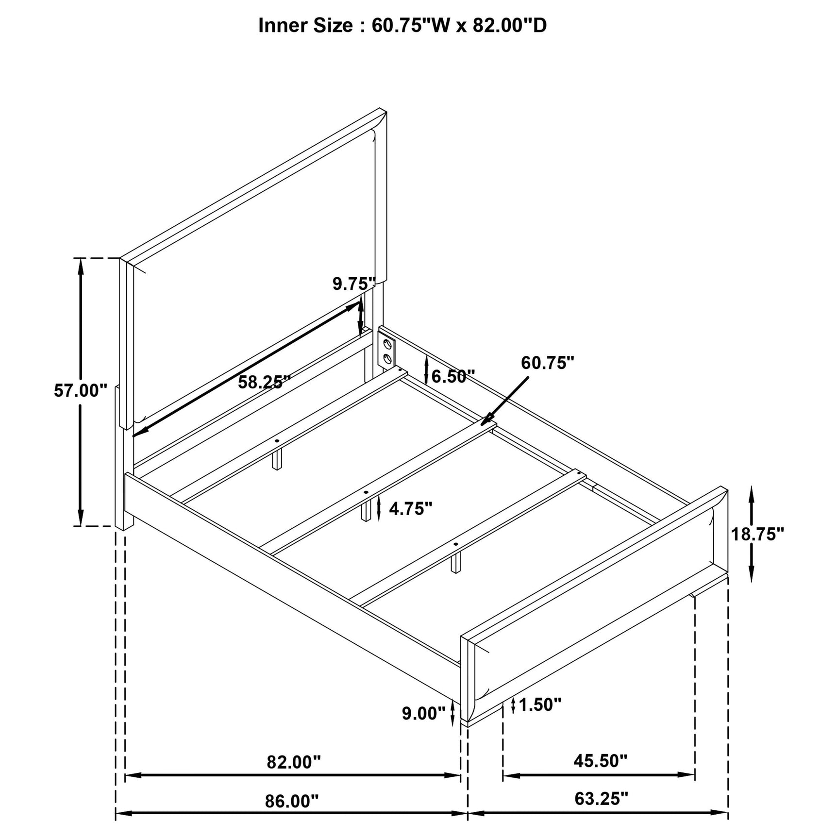 Gracemont queen bed side view with mattress setup example
