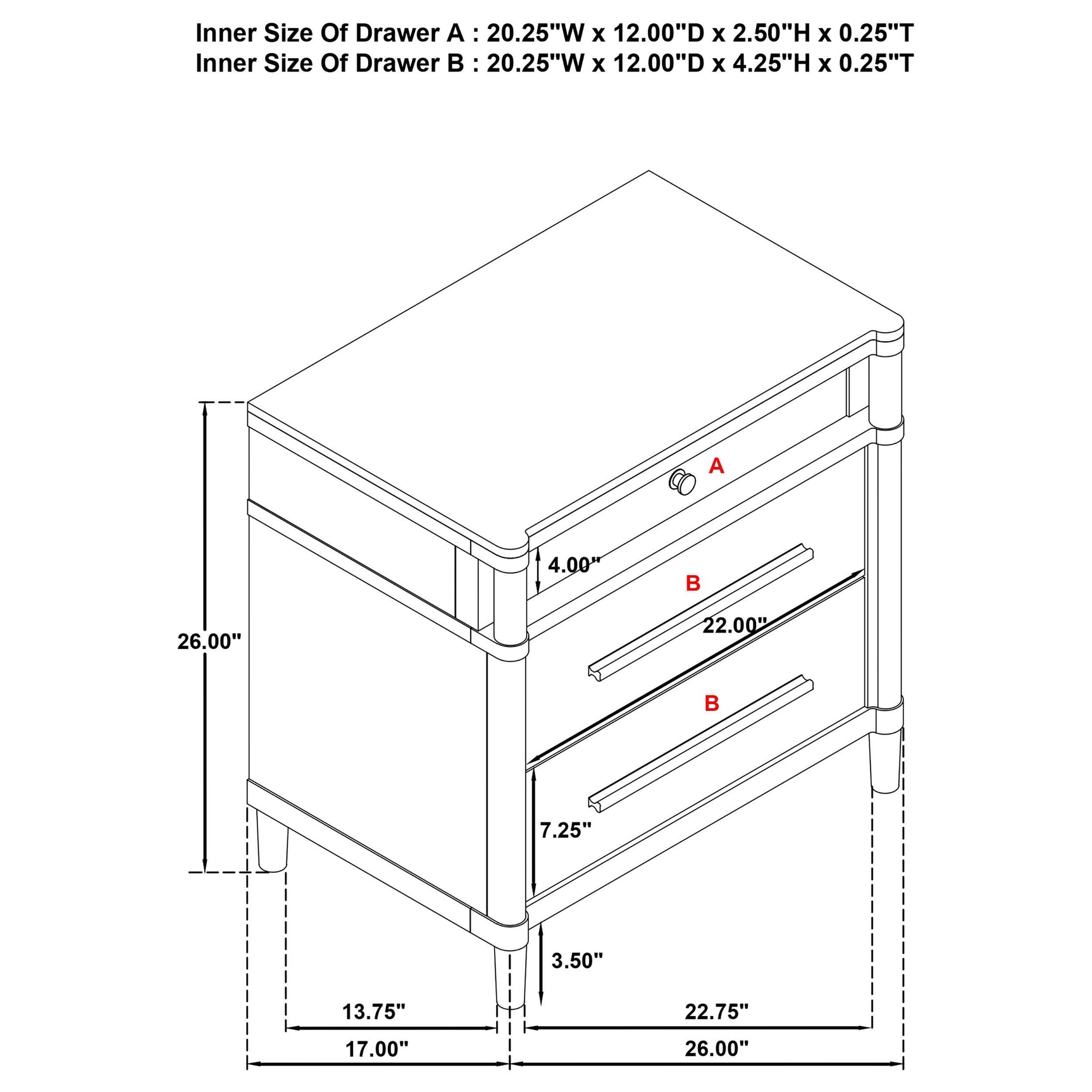 Gracemont white 3-drawer bedroom nightstand front view