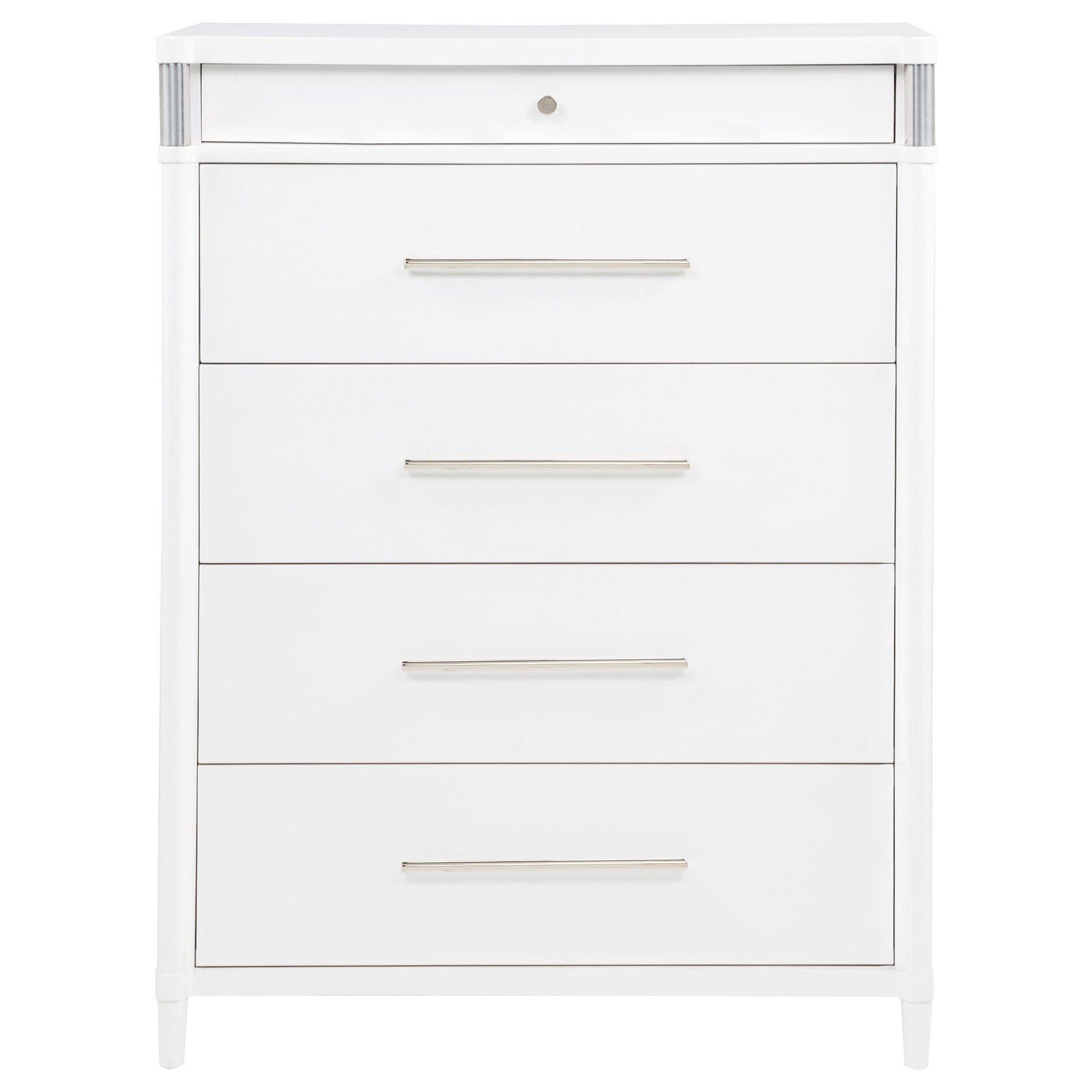 Close-up of brushed nickel drawer pulls on white chest