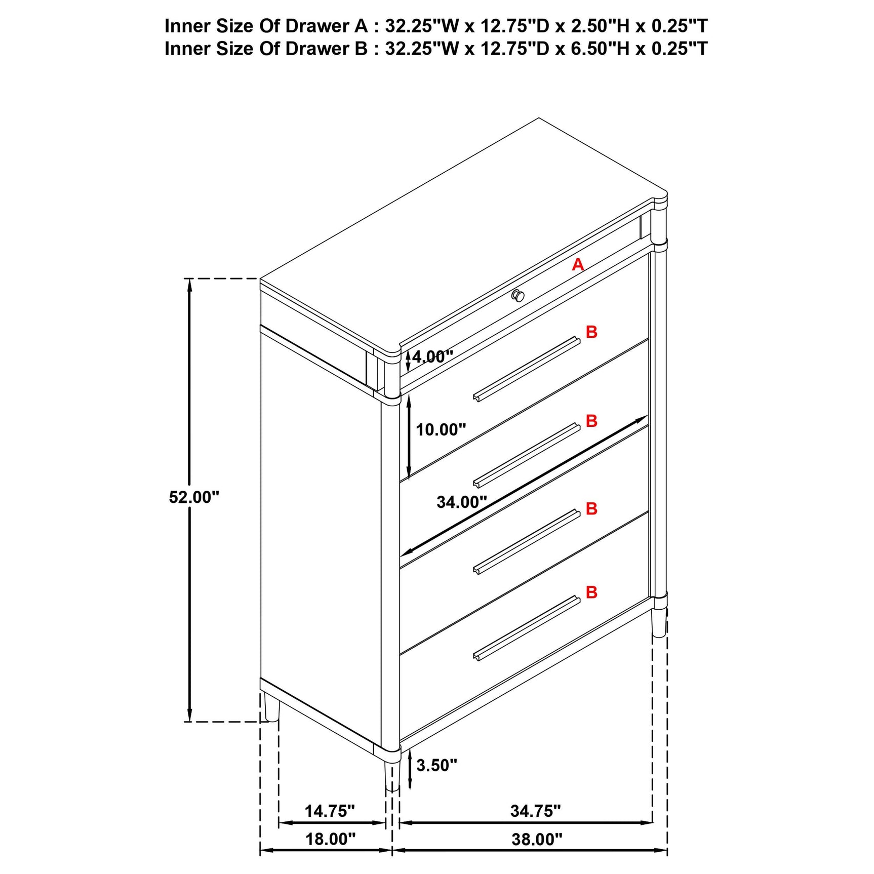 Gracemont 5-drawer bedroom chest in white, front view