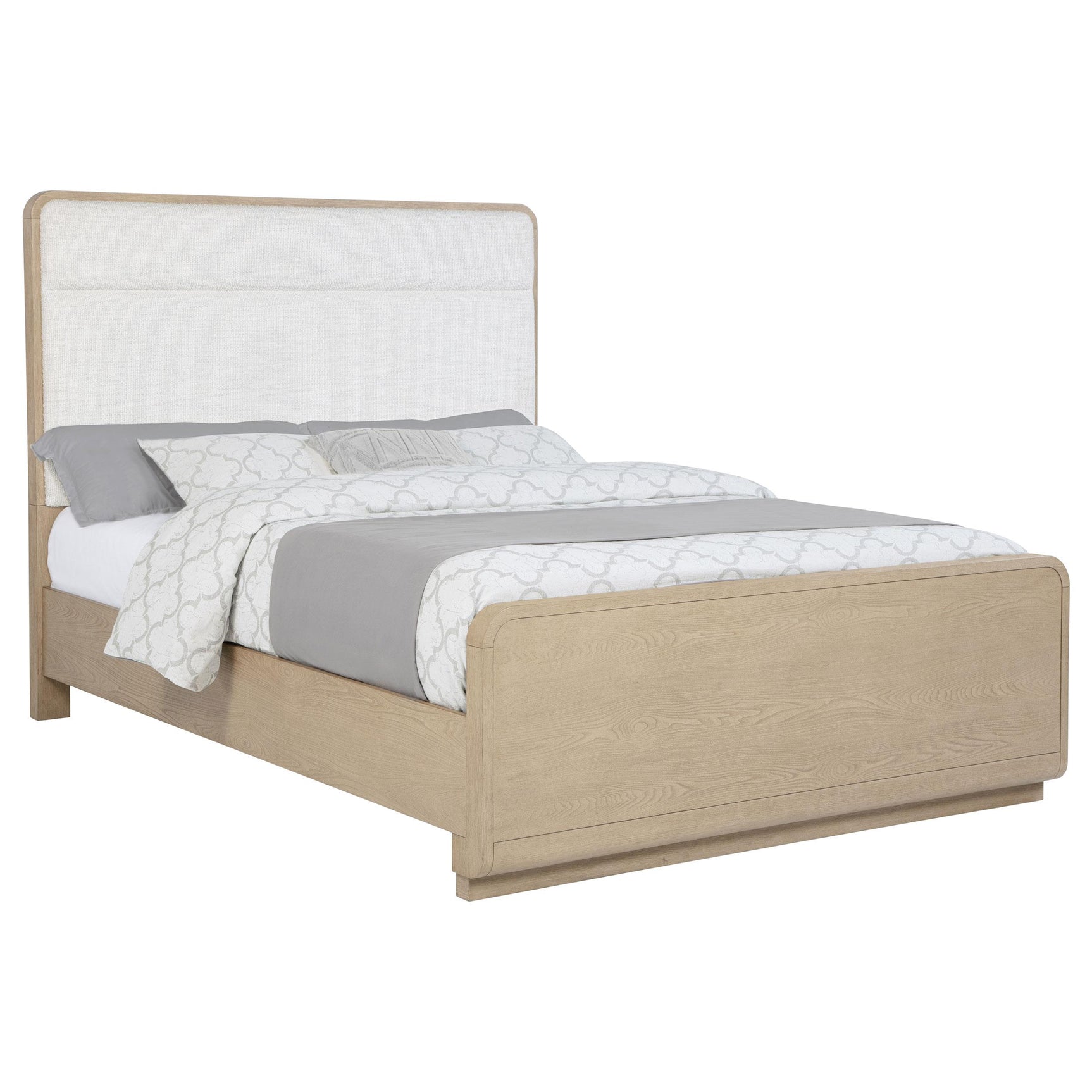 Close-up of cream boucle upholstered headboard