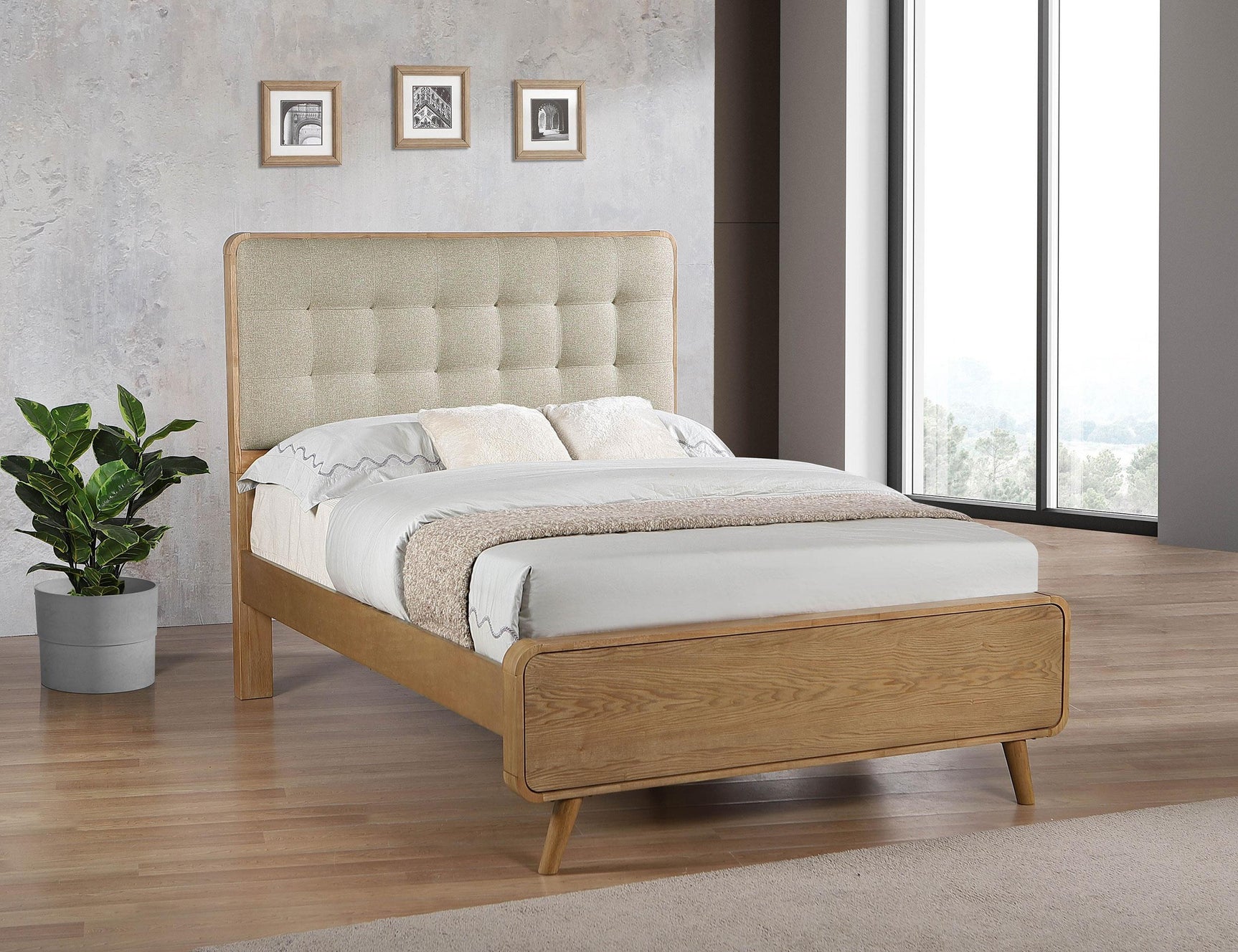 Full bed side angle showing tapered legs