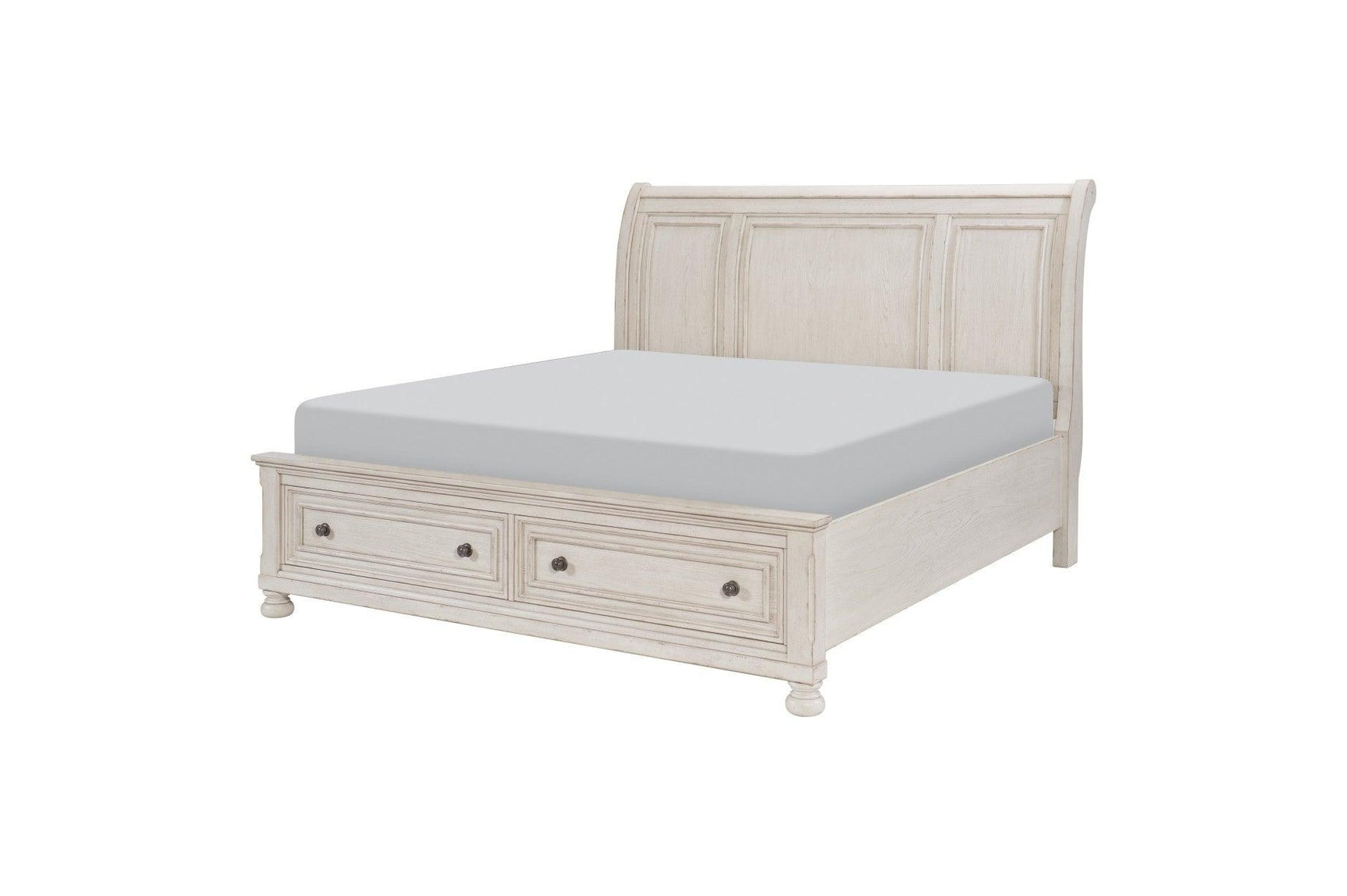 Bedroom angle view of Bethel Antique White Sleigh Storage Bedroom Set