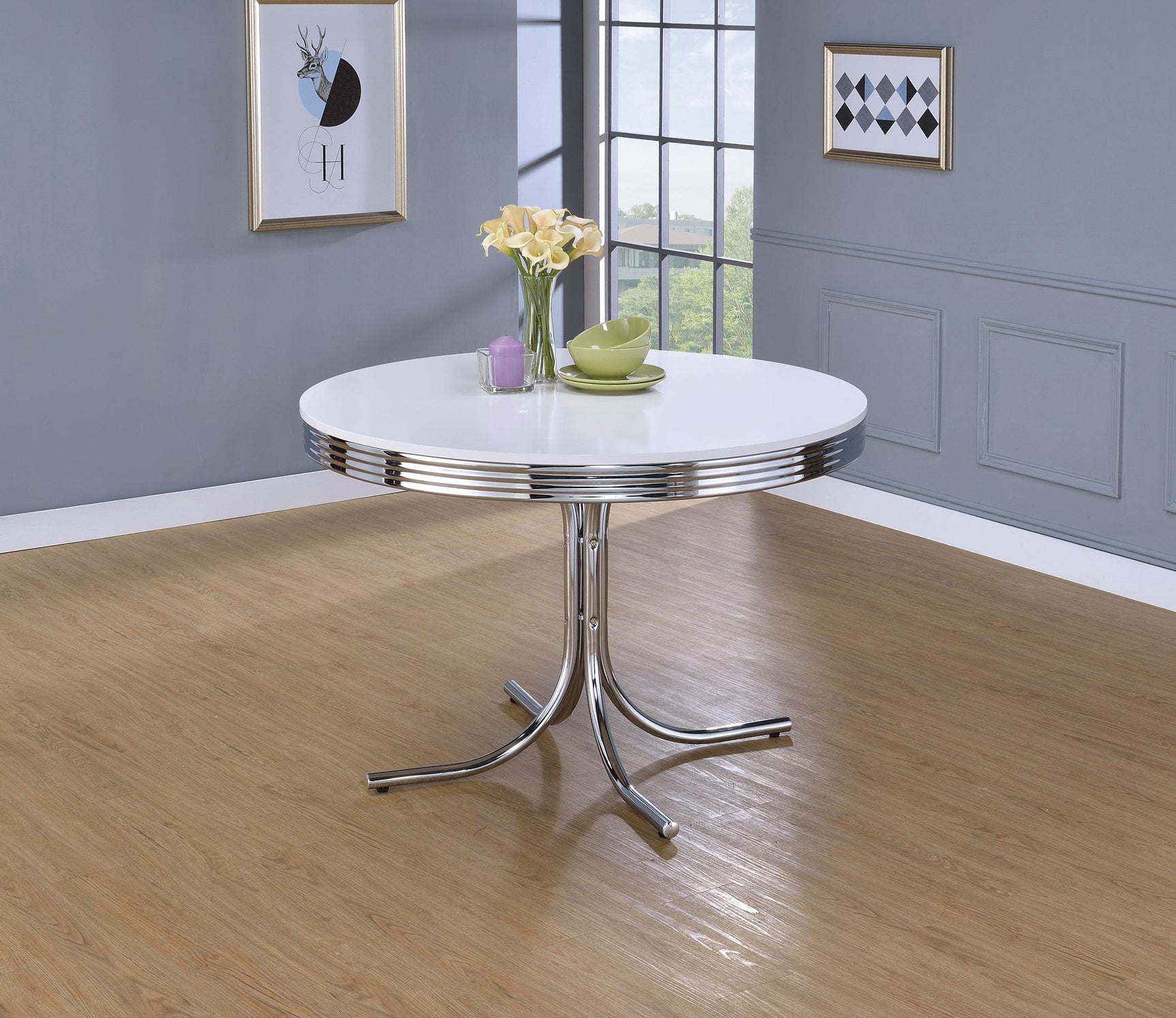 Set of red and chrome retro dining chairs in a dining room setting