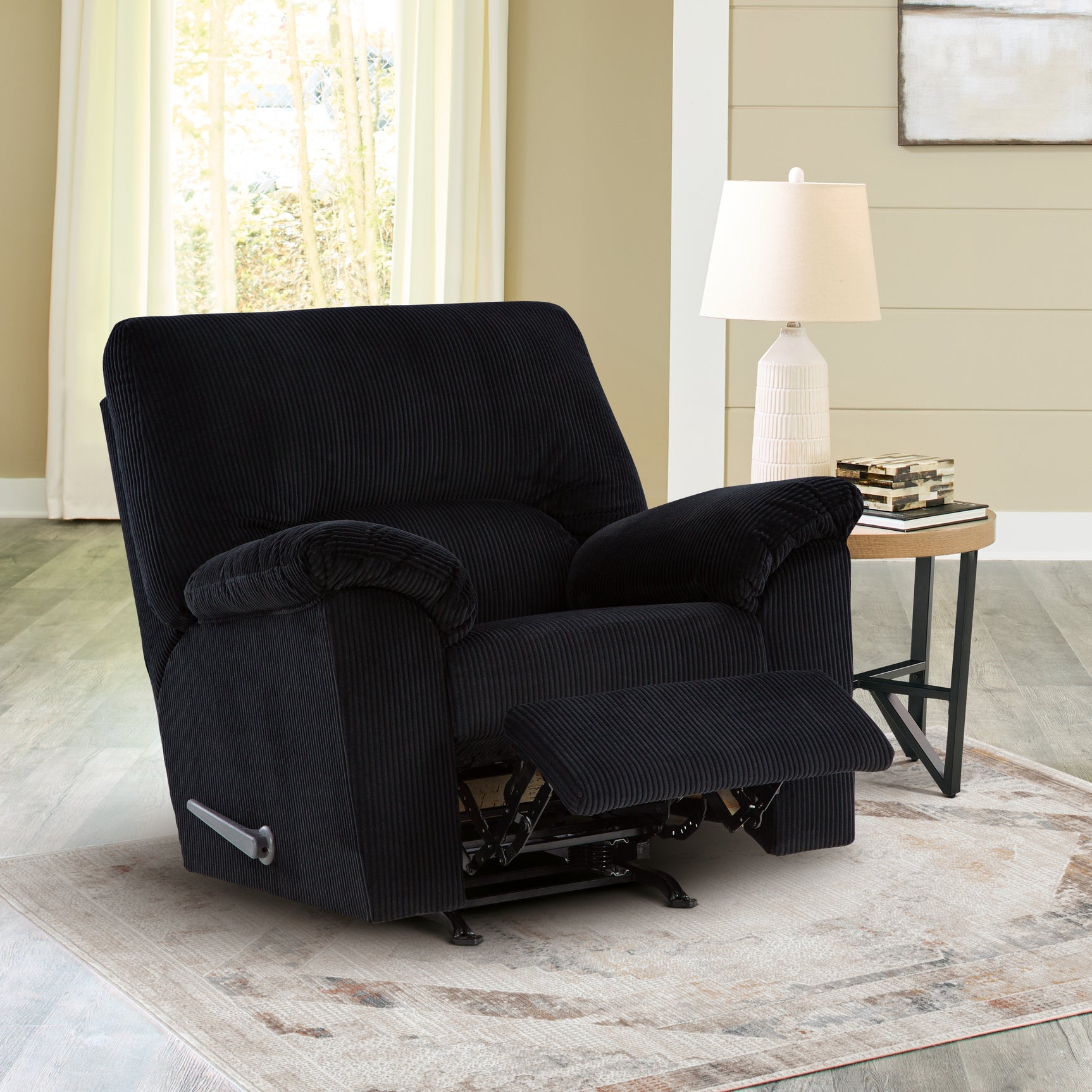 Open view showing recliner mechanism of SimpleJoy Onyx Chenille Velvet Recliner