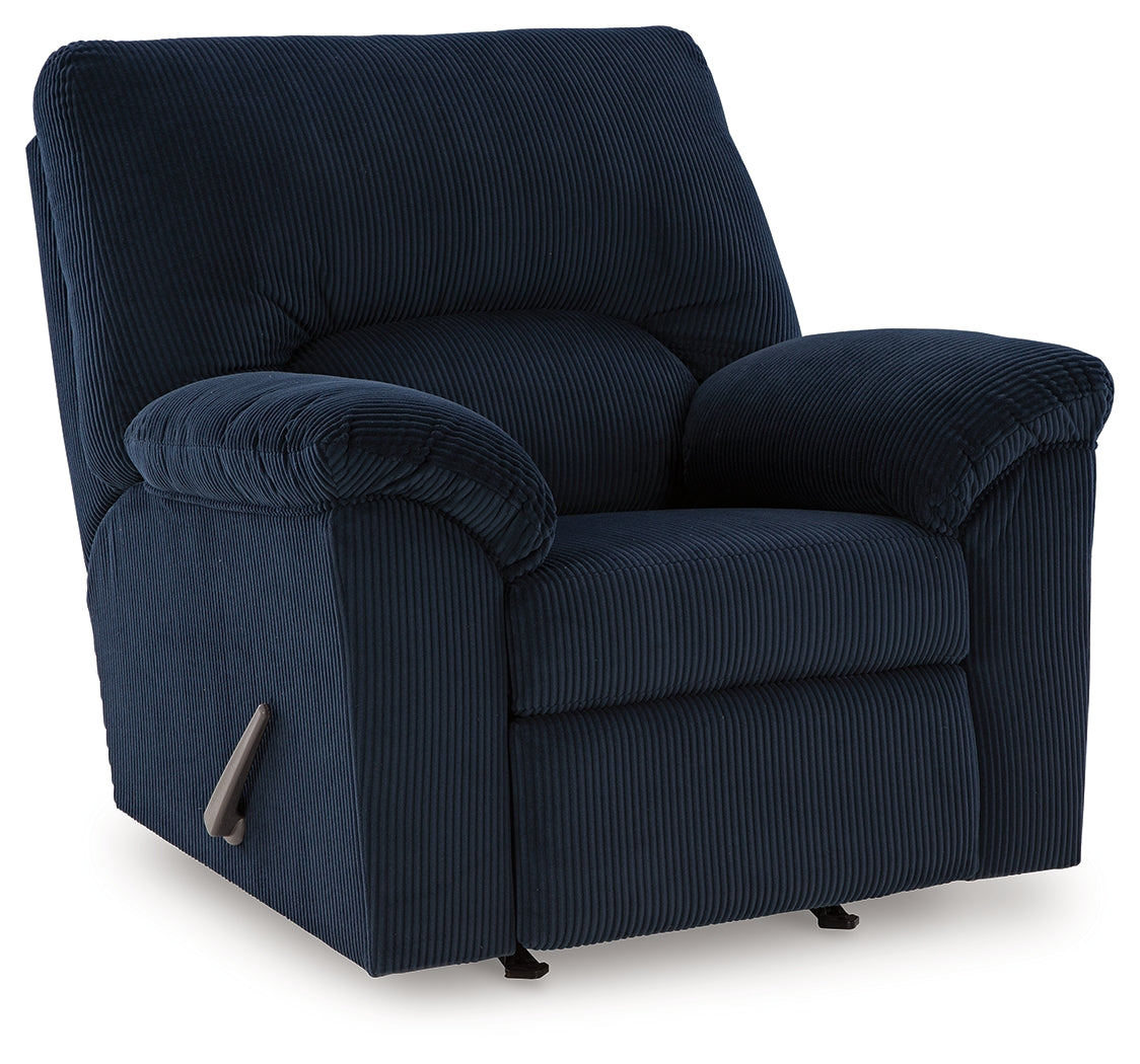 side view of navy chenille velvet recliner
