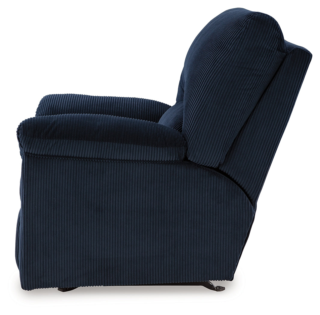 angled main view of navy chenille recliner