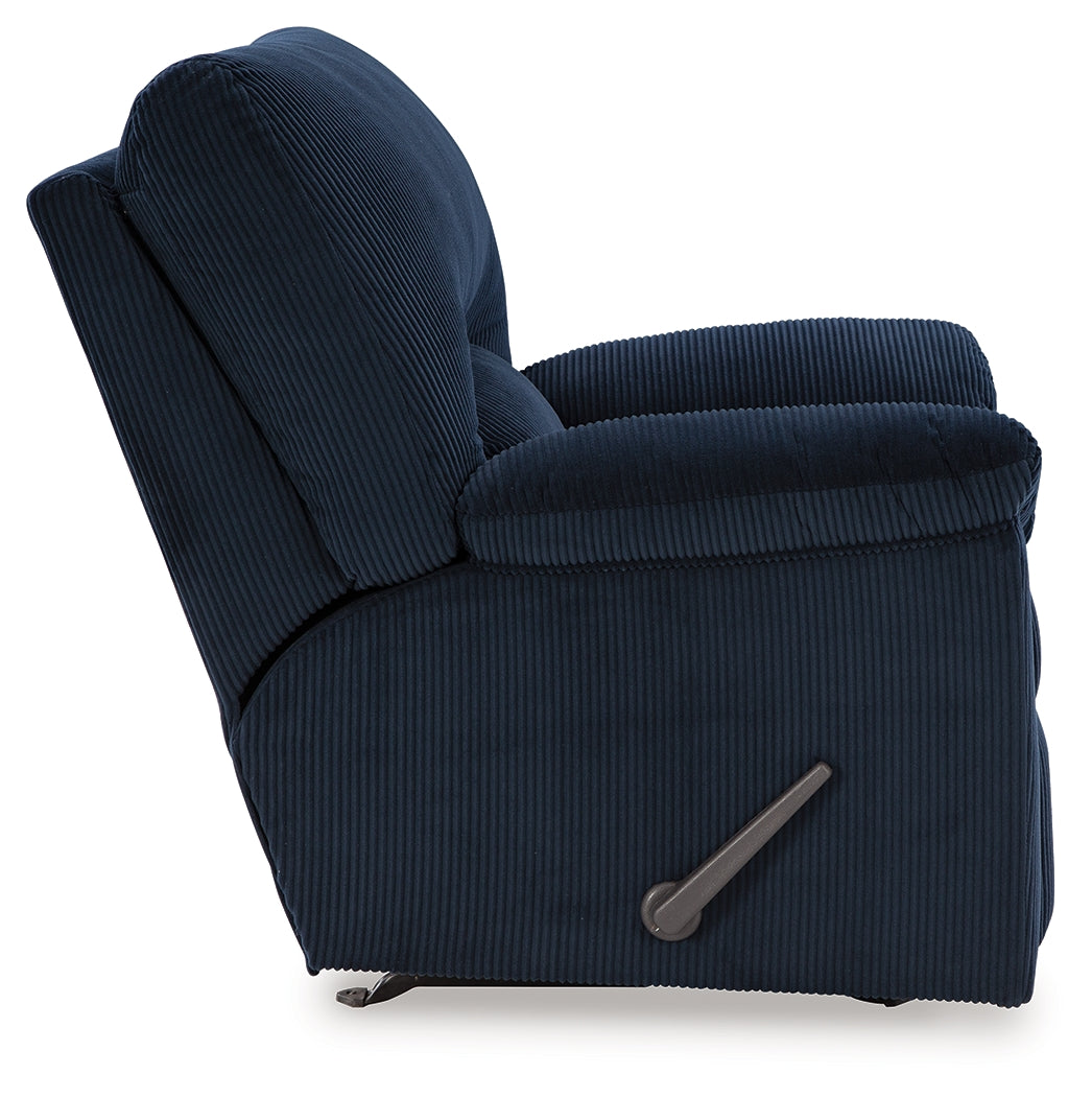 side profile of navy chenille velvet recliner