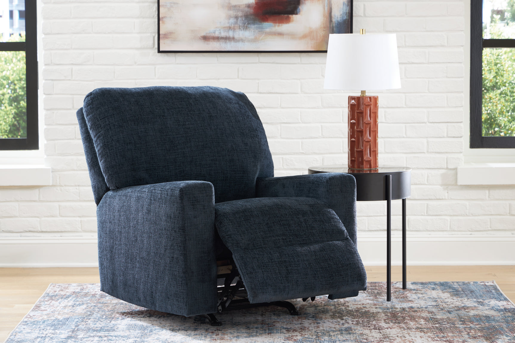 reclined position side view of Aviemore Ink Chenille Recliner