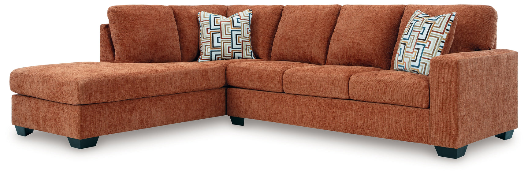 Side view of Aviemore Spice Chenille sectional sofa with chaise