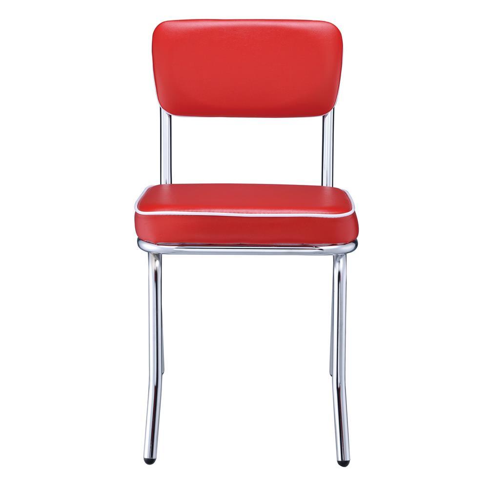 Back view of retro open back dining chair with red fabric and chrome legs