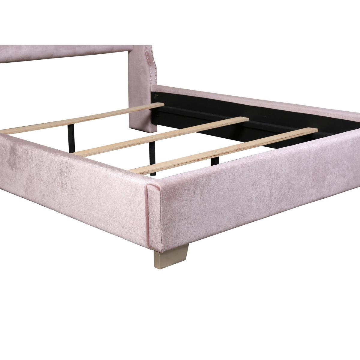 Jacklyn Pink velvet tufted king panel bed side profile