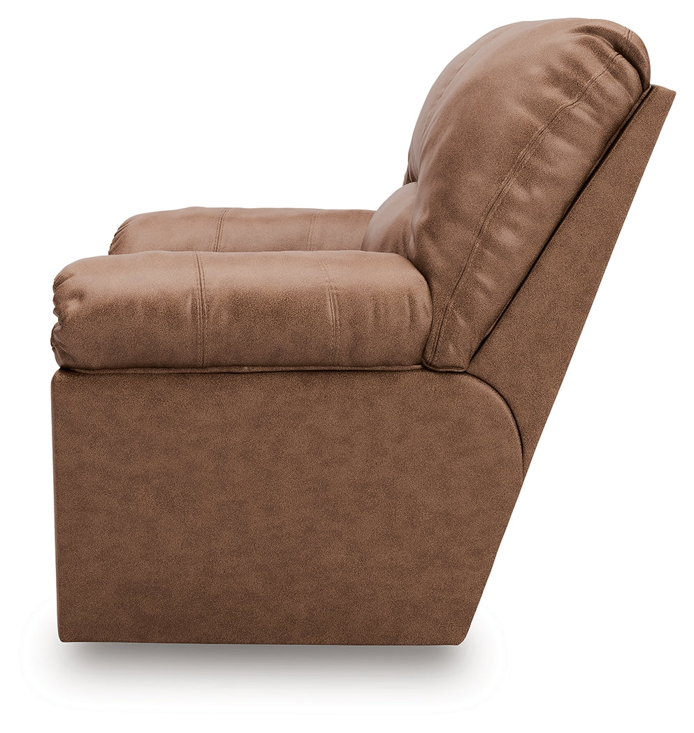 WillowBend Caramel Faux Leather Recliner chair reclining side angle