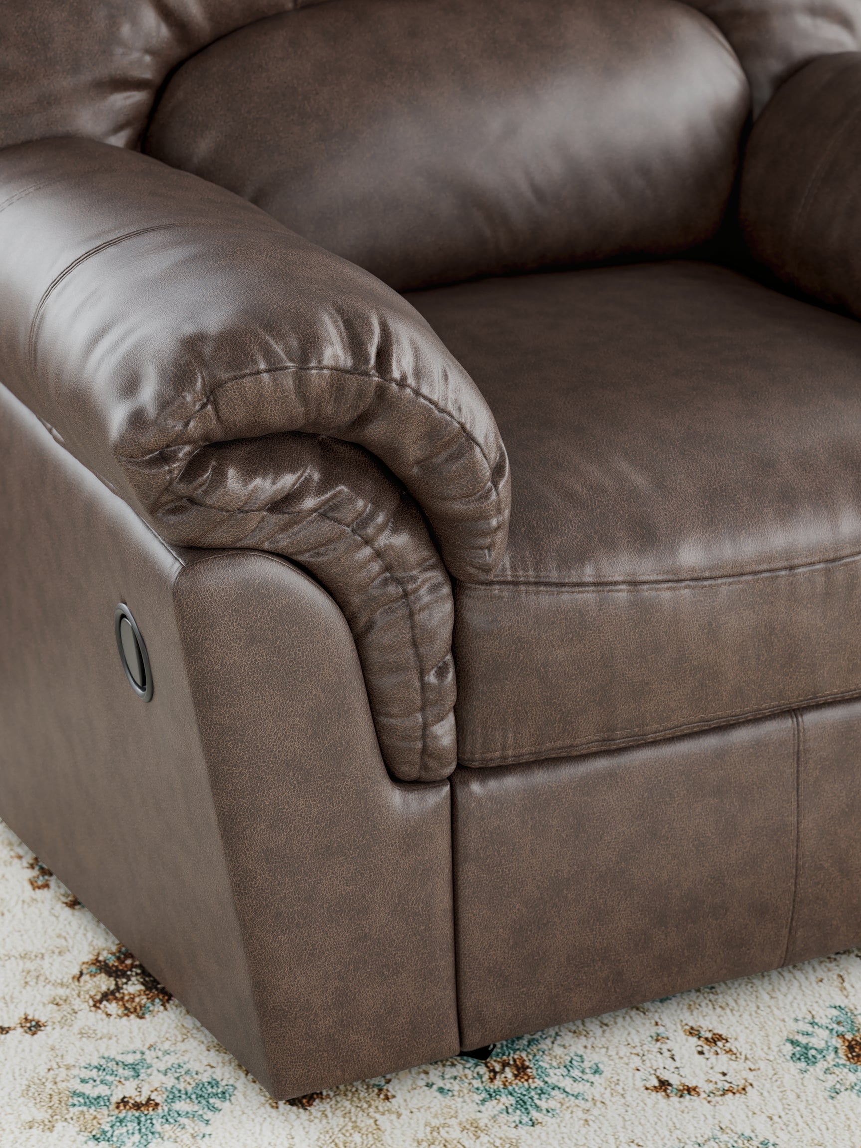 Close-up side view of faux leather and stitching on WillowBend Recliner