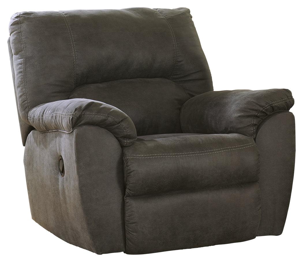 Side angle of Tambo Pewter Faux Leather Recliner in neutral lighting