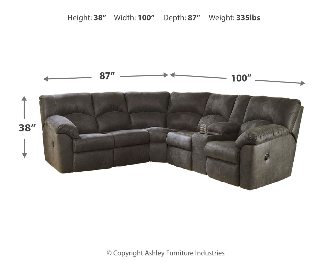 Side profile of Tambo Pewter 2-Piece Sectional Sofa with Recliner