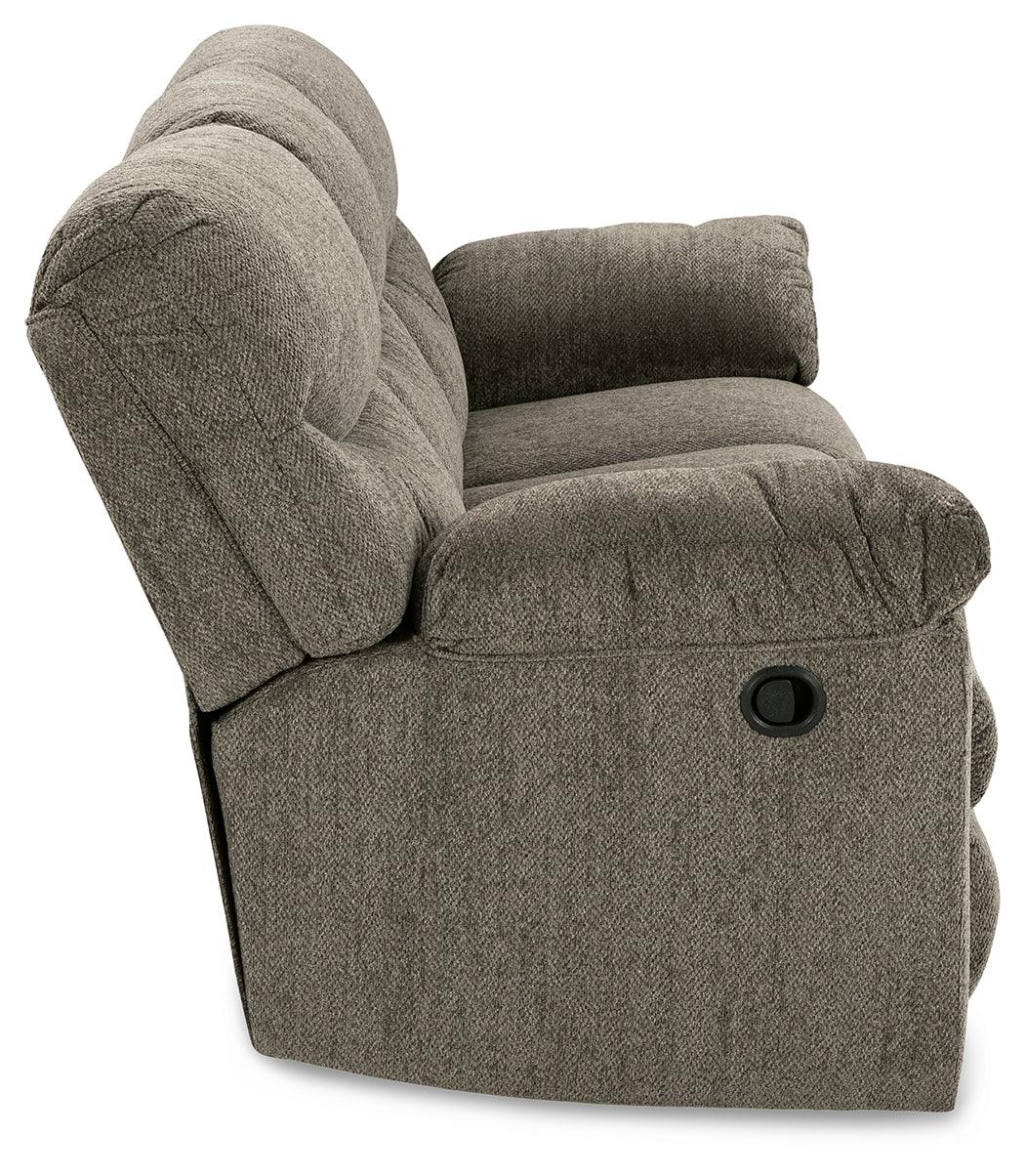 Alphons Putty reclining sofa, side view showing arm and cushion detail