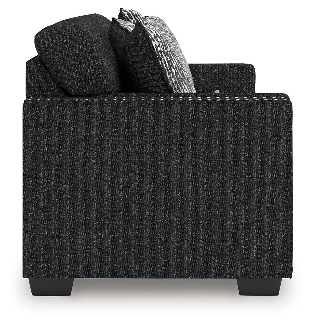 Side angle of coal chenille sofa