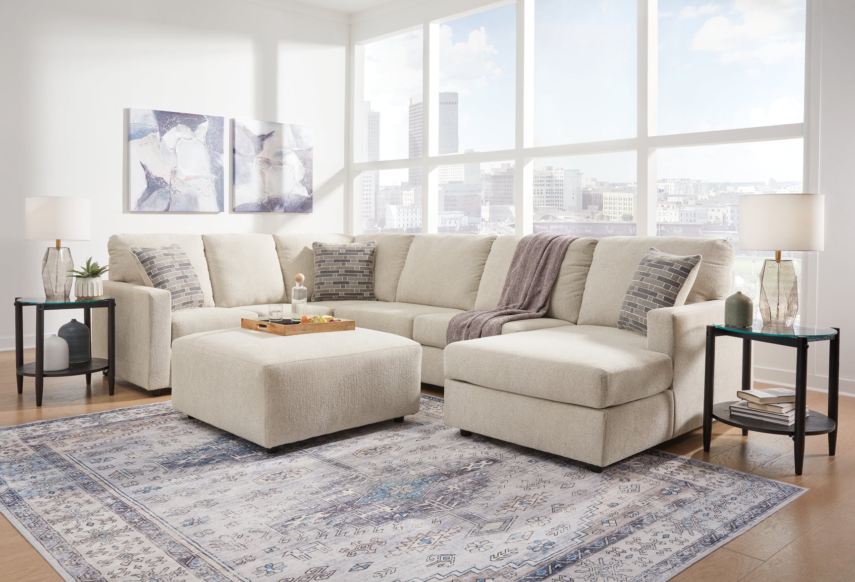 Casual room setting with Edenfield Linen sectional sofa