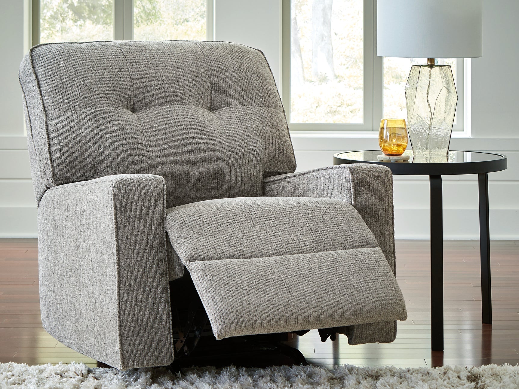 Side angled view of Larimer Iron Chenille Recliner