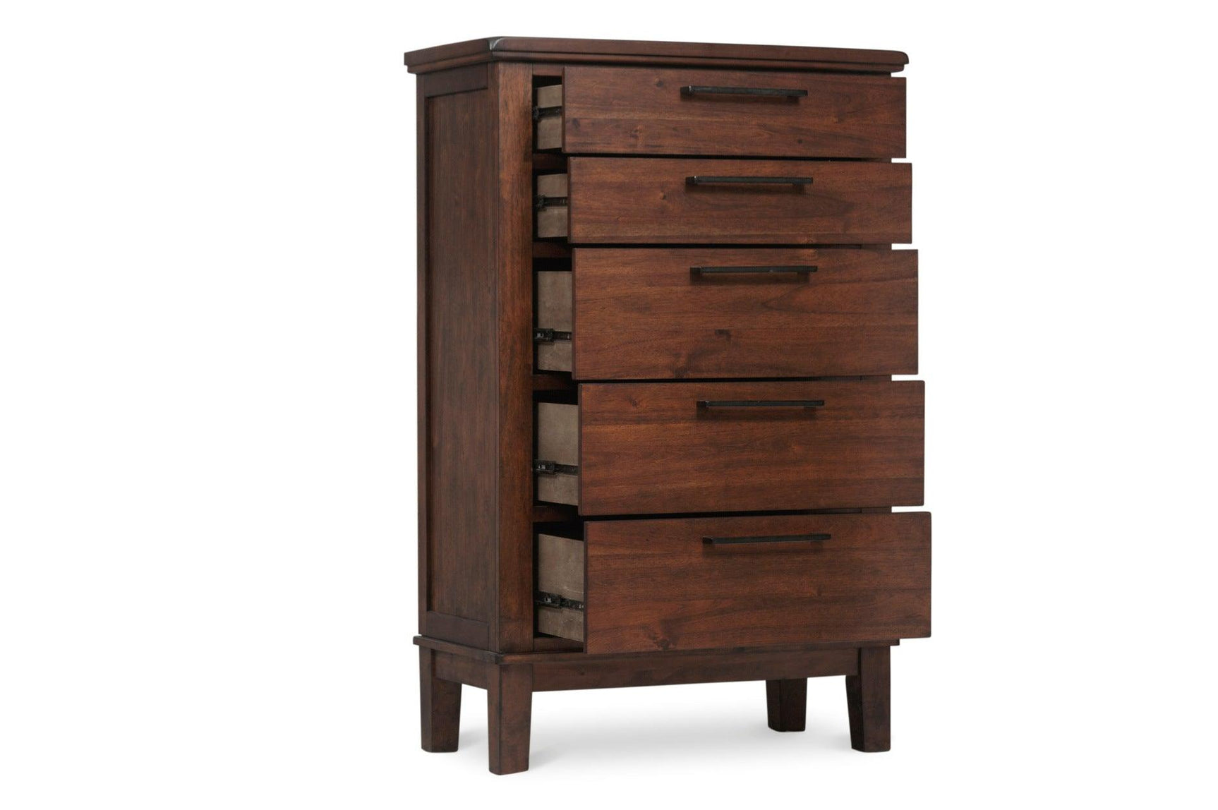 Brown bedroom set with fabric upholstery and wood veneer