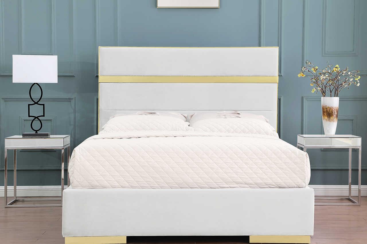 Cartier Ivory Gold Velvet Upholstered Platform Queen Bed, side angle showcasing velvet upholstery