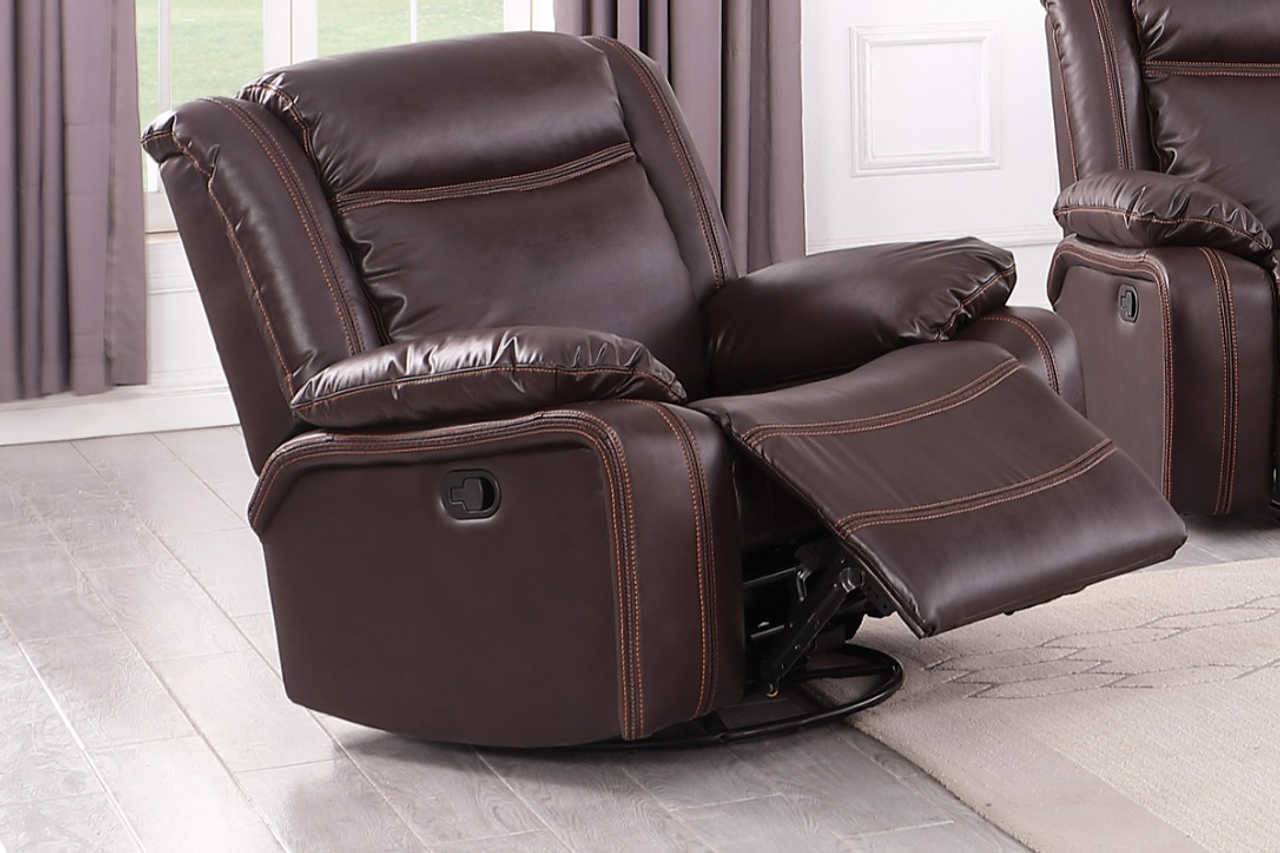 Daniela brown air leather swivel rocker recliner reclined position