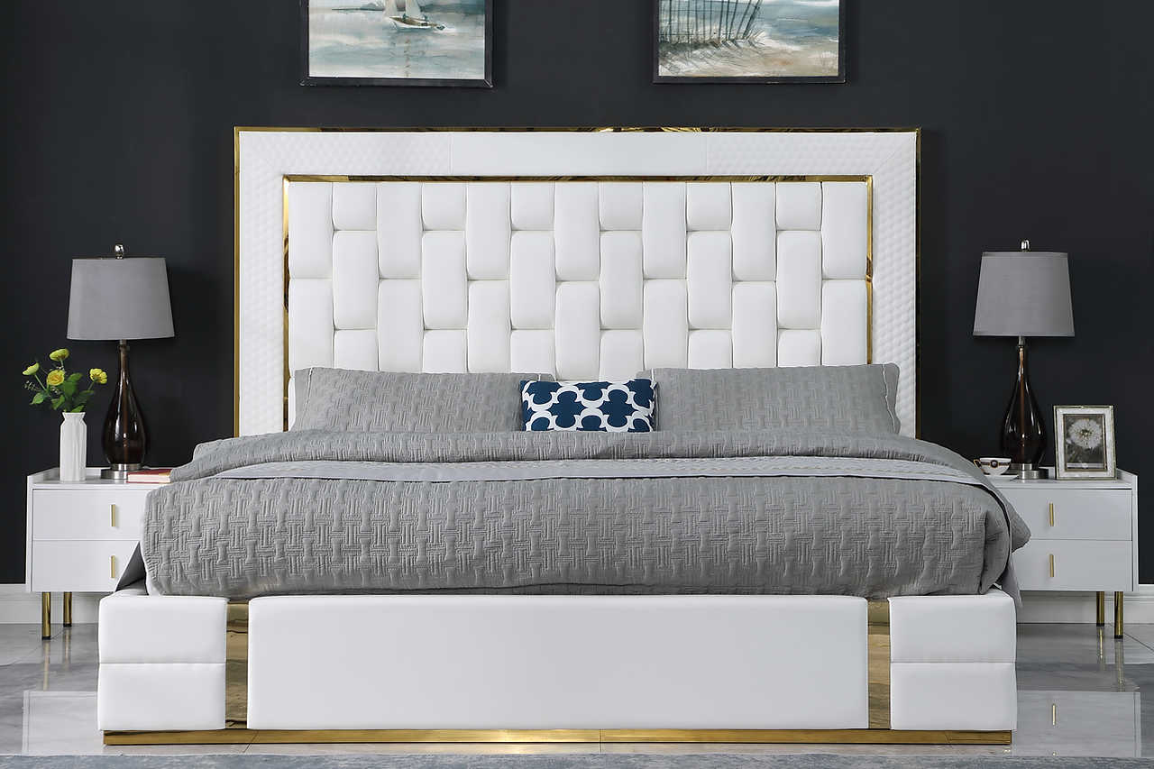 Marbella White and Gold Storage Platform King Bed front view
