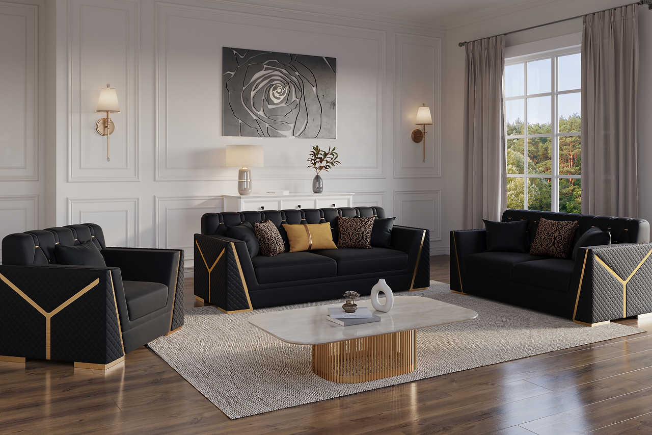 Hilena Black Velvet Living Room Set angled front