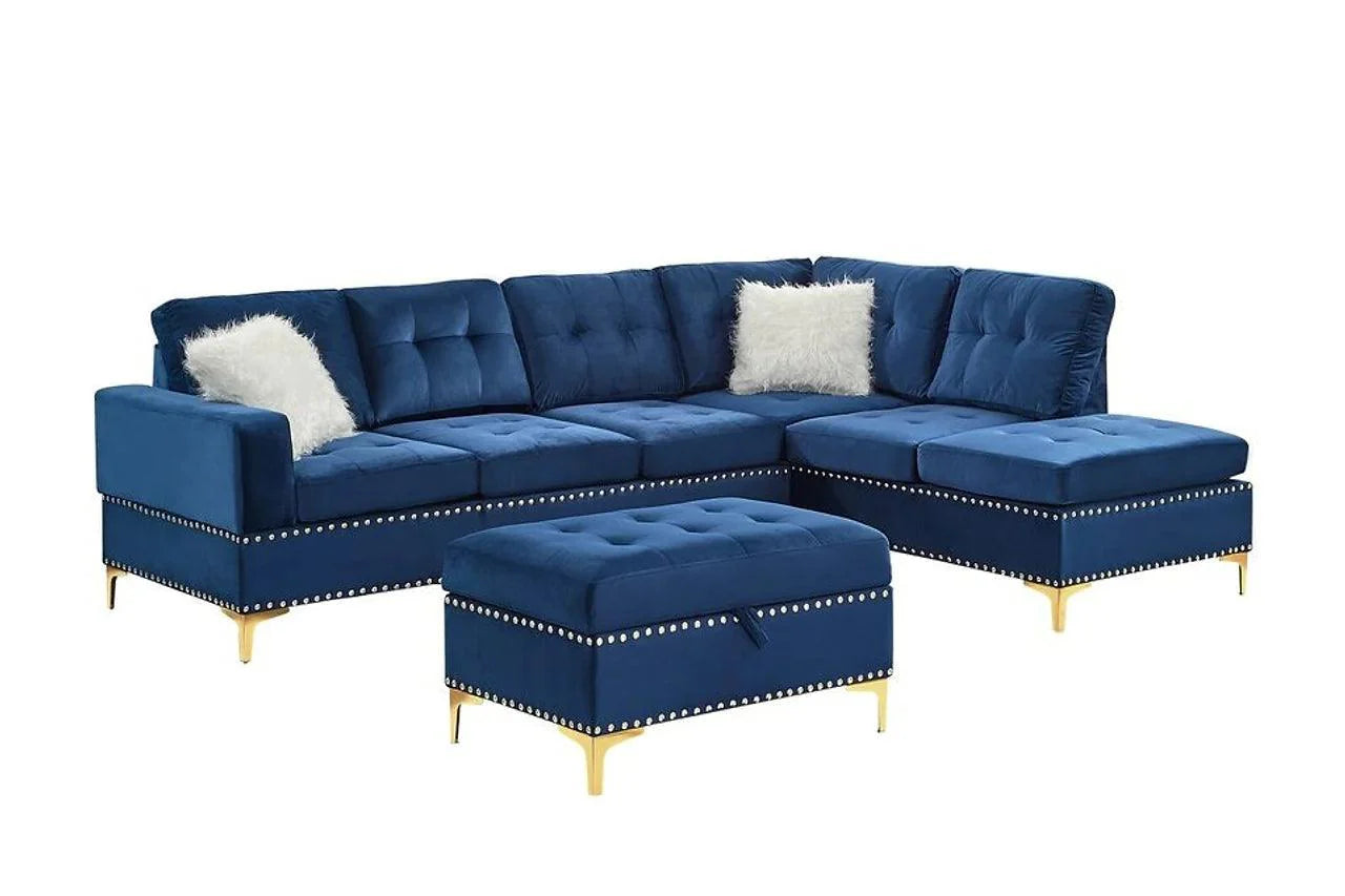 Joy Blue Velvet Tufted Sectional Sofa side angle