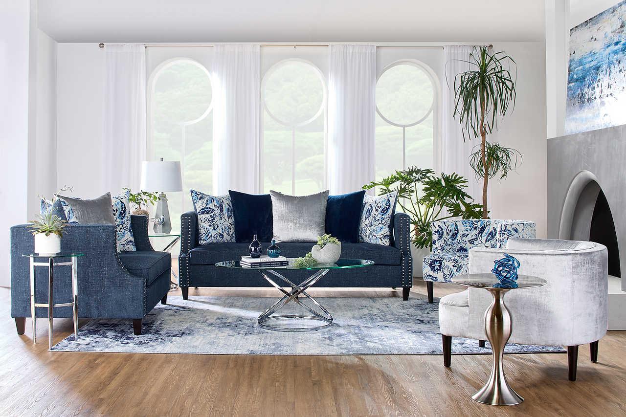 Simone Indigo Blue Fabric Upholstered Sofa side view