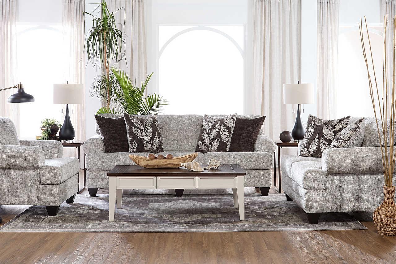 Marley Cloud Grey Blue Fabric Upholstered Loveseat angled view showing seat and armrest