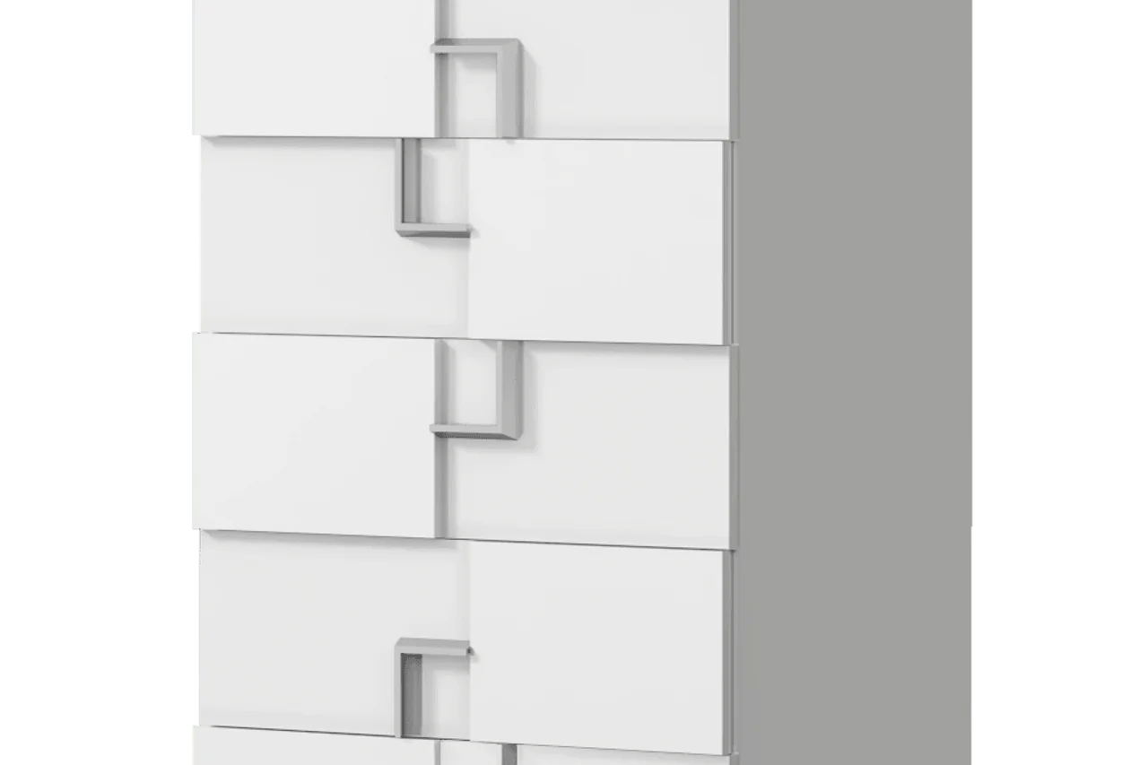 Infinity White 5-Drawer Chest side angle showing drawers