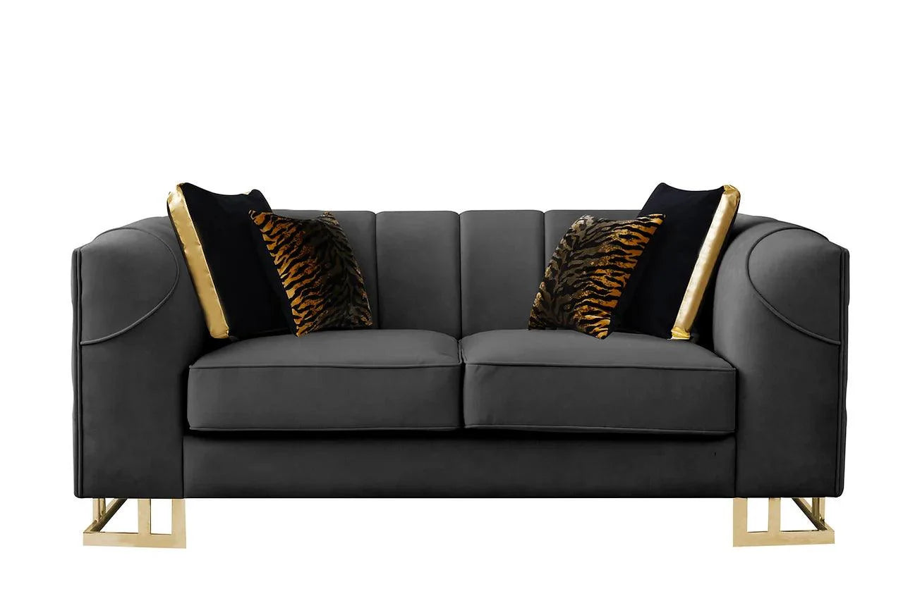 Contemporary black and gold velvet chair, side profile