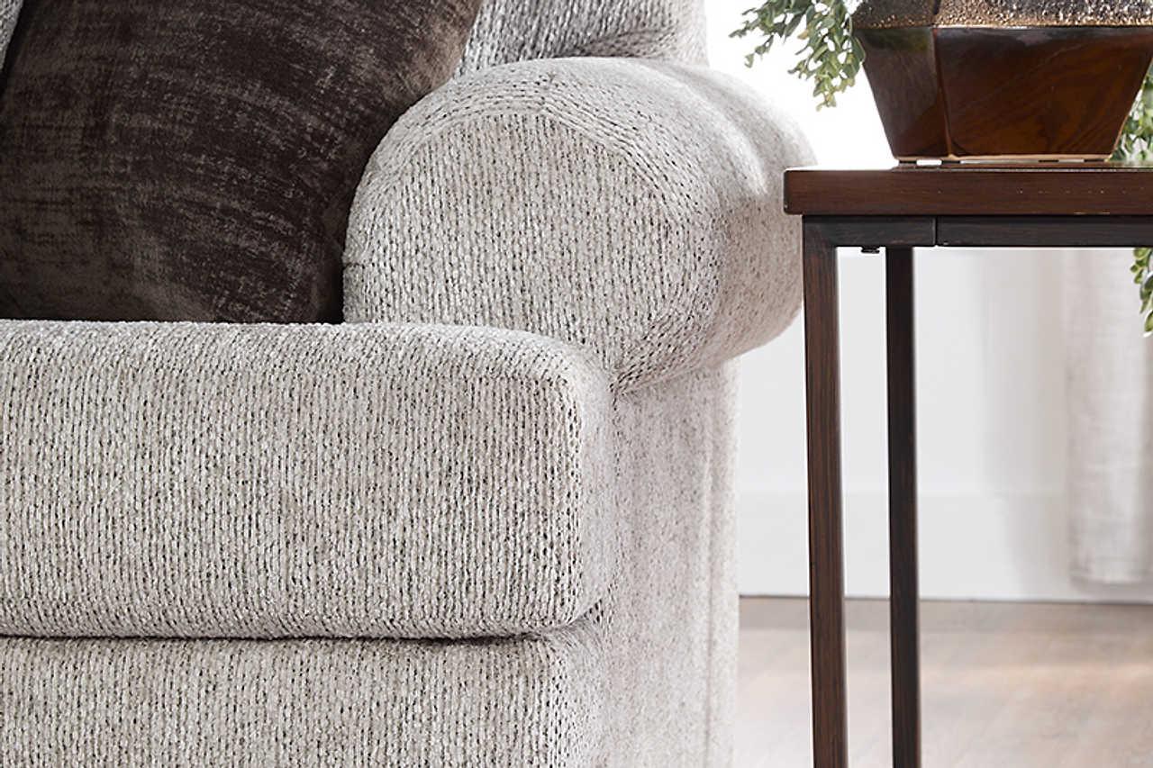Marley Cloud Grey Blue Fabric Upholstered Loveseat side view highlighting upholstery and solid wood frame