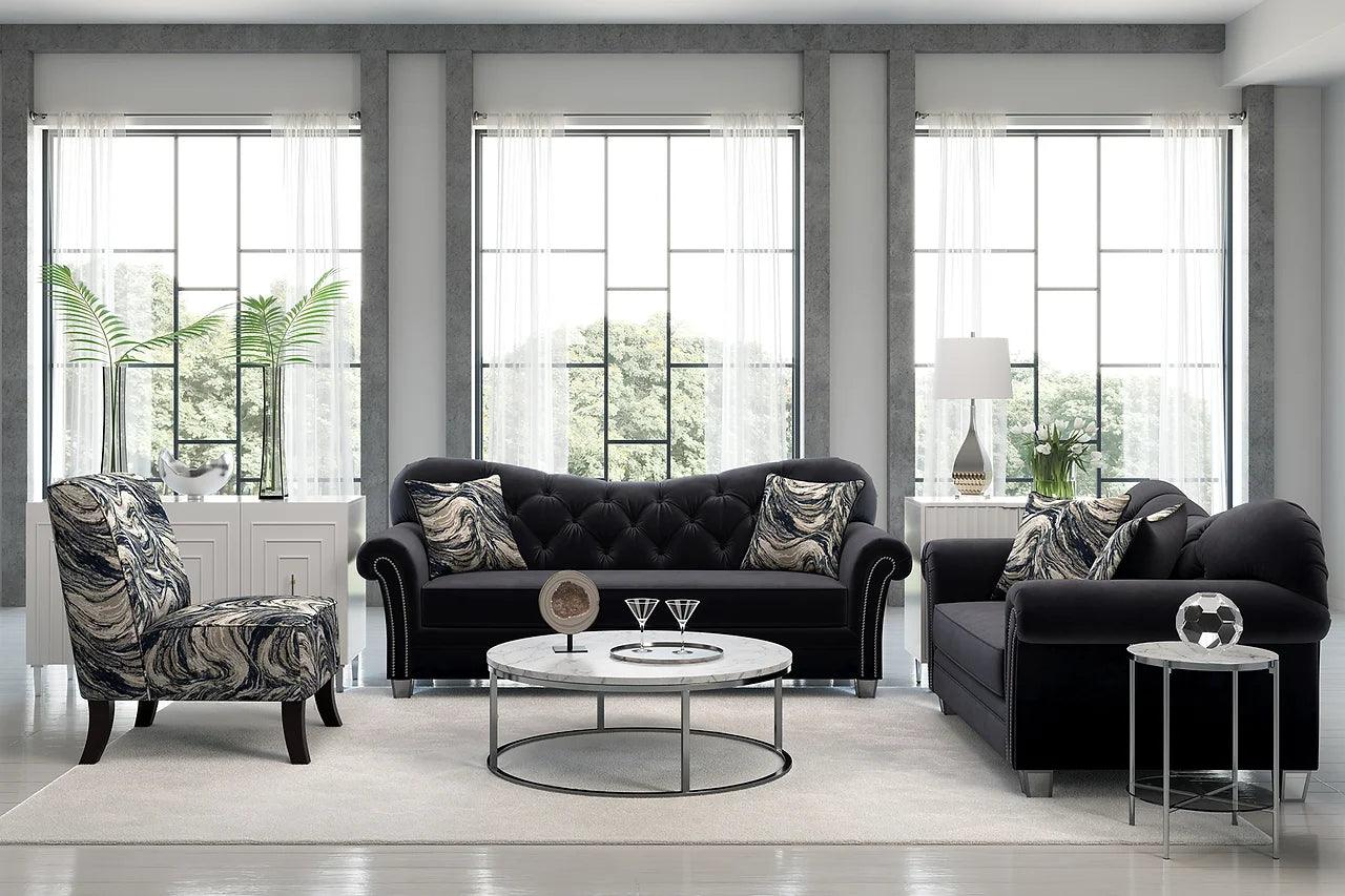Bing black velvet tufted sofa and loveseat set main view