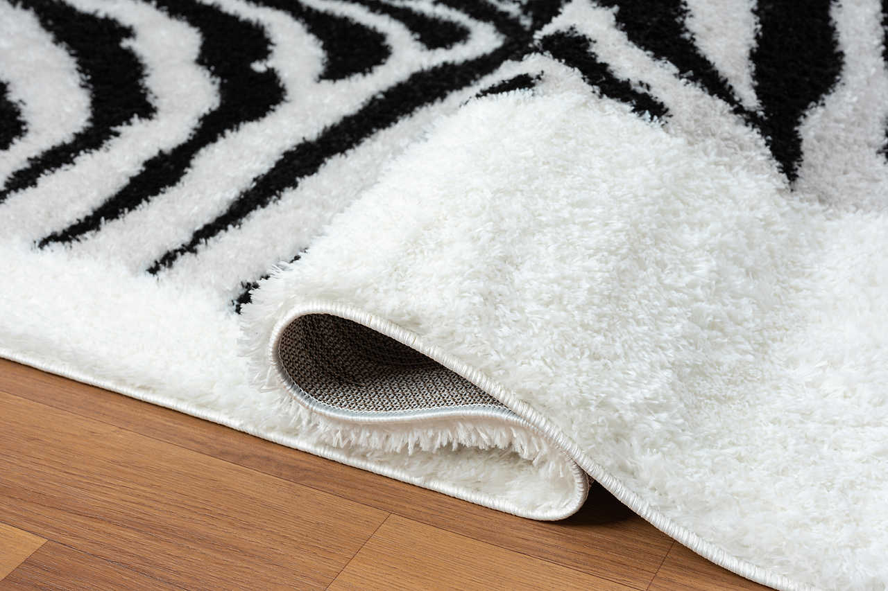 Close-up of plush black and white shag texture rug