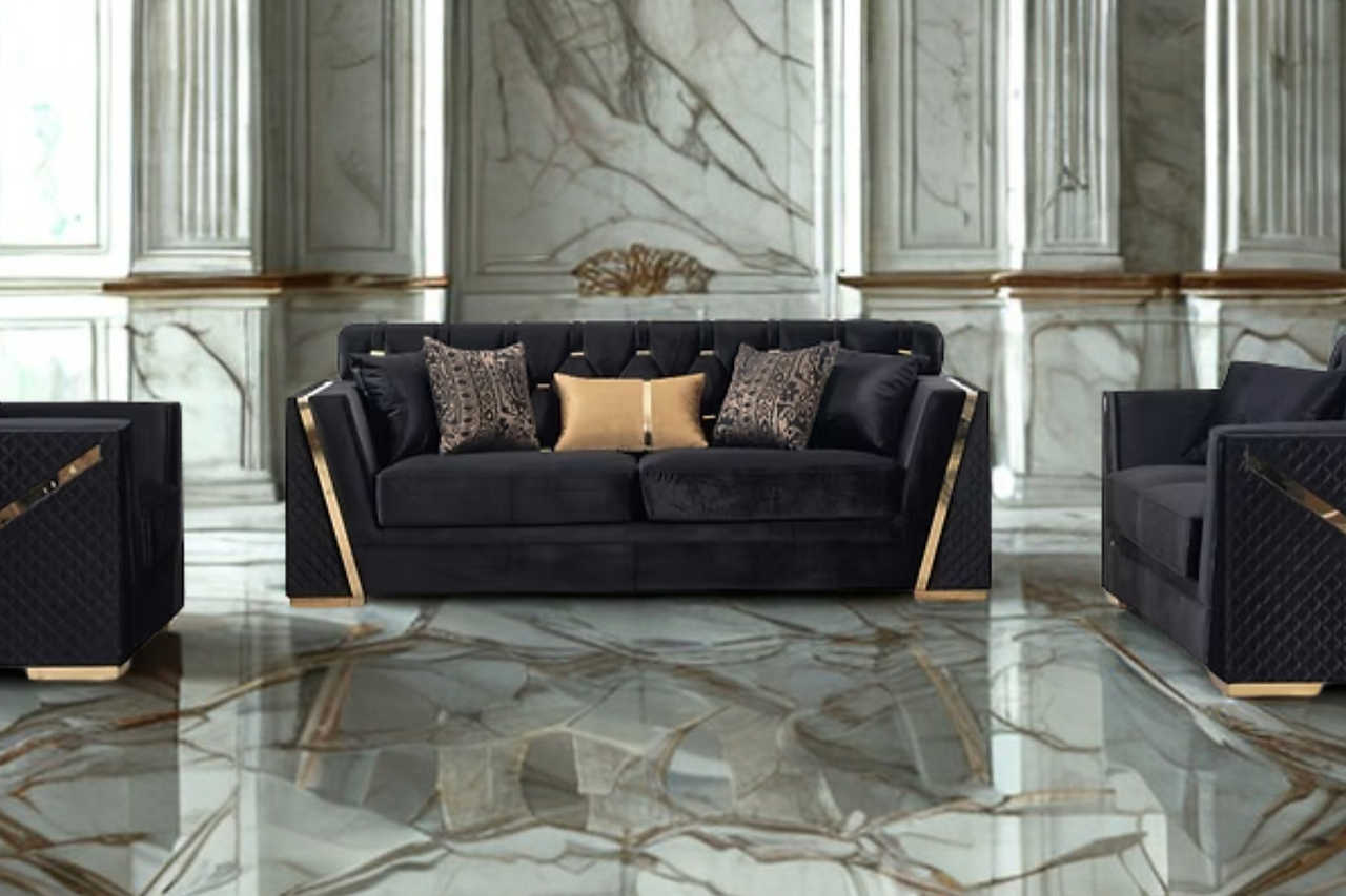 Hilena Black Velvet Living Room Set front view