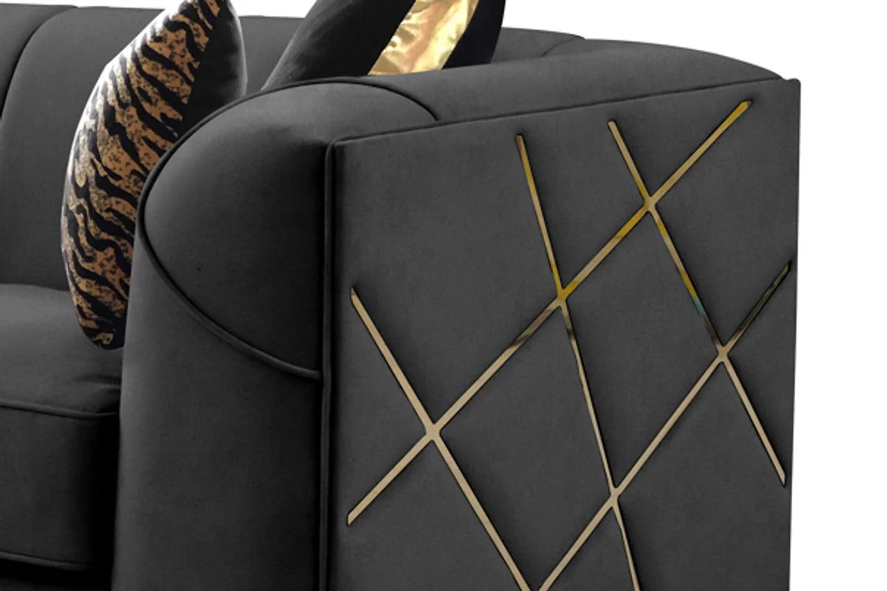 Side view of black and gold velvet loveseat