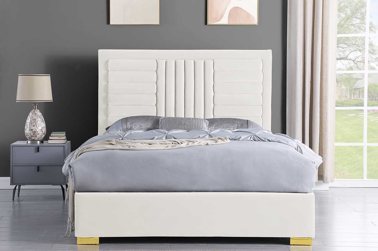 Close-up of Anita Ivory Upholstered Panel headboard