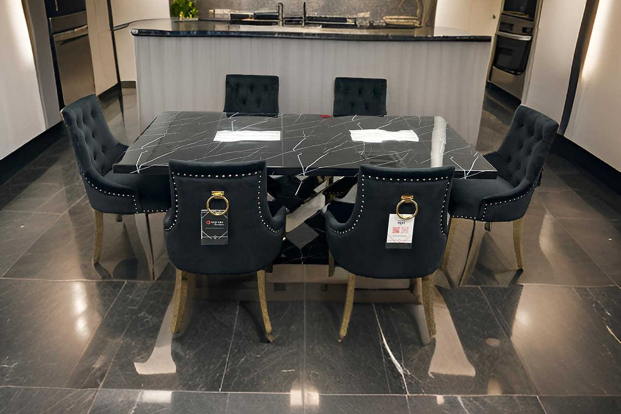 Viva dining table showing marble-like tabletop detail, side view