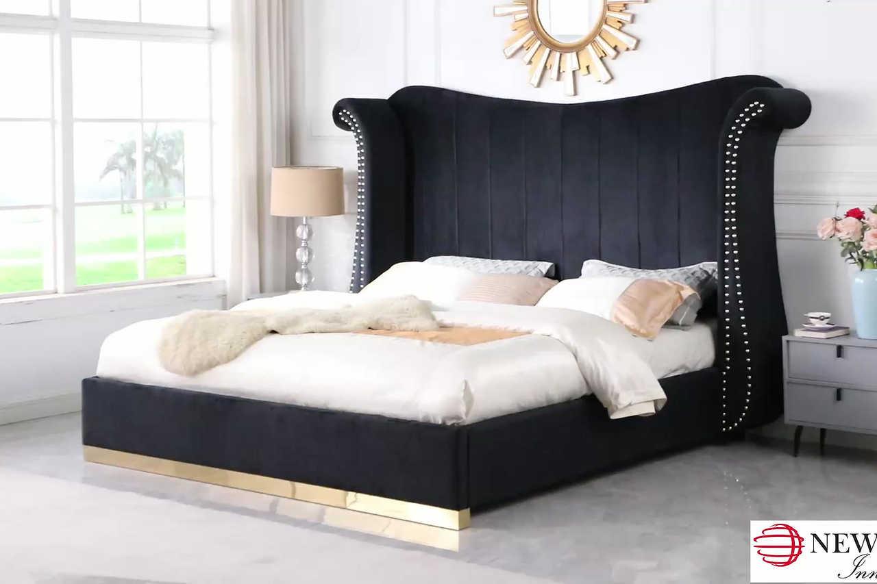Luna Grey 66 inch High Velvet Upholstered King Bed angled side view