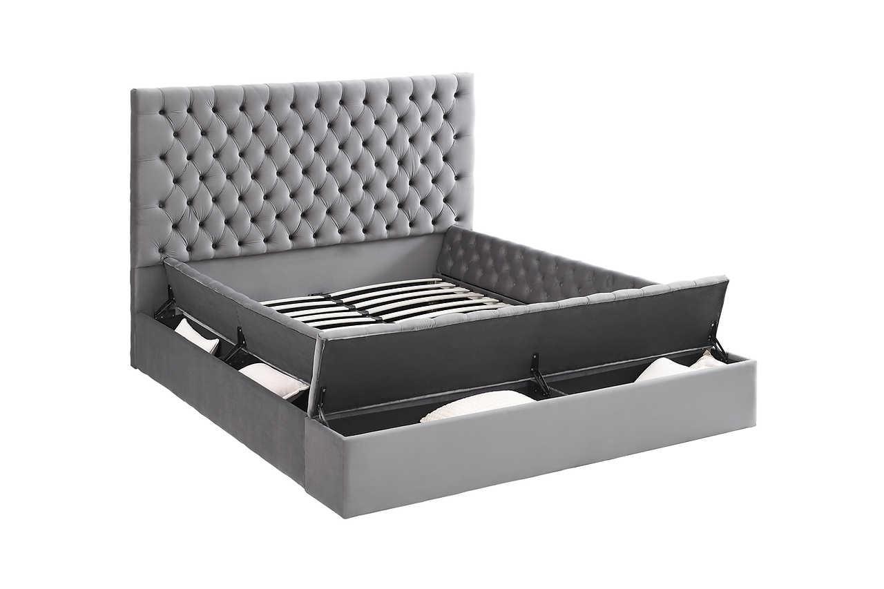 Side angle of Cataline Grey Velvet Upholstered Queen Bed with tufted headboard