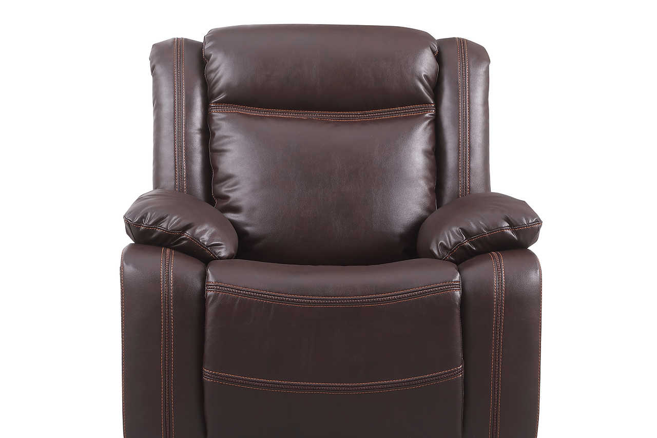 Close-up of Daniela brown air leather swivel rocker recliner armrest