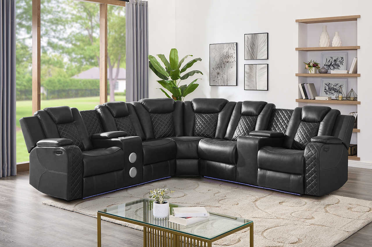 Eclipse black air leather sectional detail showing recliner and console