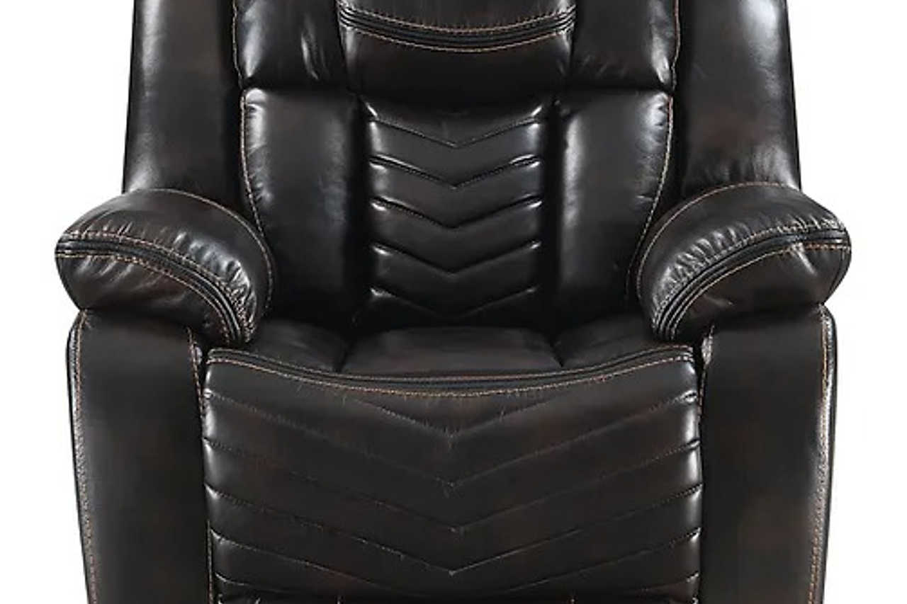 Close-up of brown leather gel on Lucky Charm power reclining sofa set